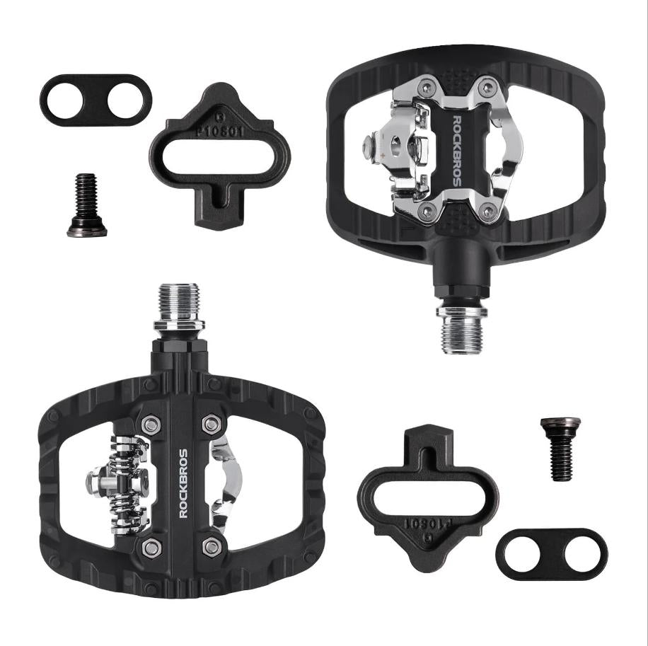 RockBros Pedal de Bicicleta de Montaña SPD Clipless Pedal y Pedal Plano 2 en 1 Incluye Tacos 9/16" con Plataforma Ancha y Pins Antideslizantes para Máxima Seguridad y Comodidad