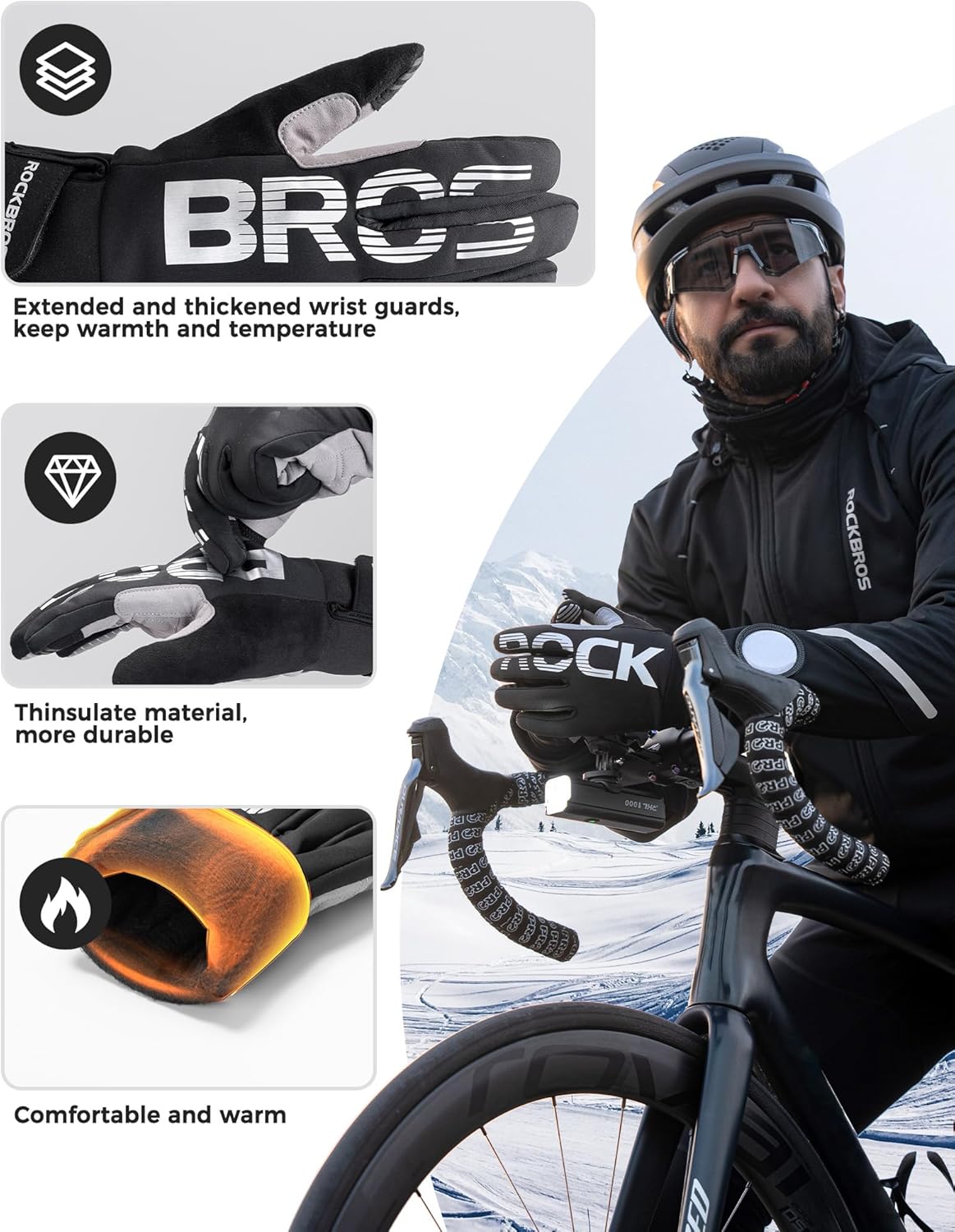 ROCKBROS Guantes de bicicleta para mujer y hombre, invierno, guantes cálidos con Thinsulate compatibles con pantalla táctil, guantes deportivos para ciclismo, MTB, escalada, correr y actividades al aire libre