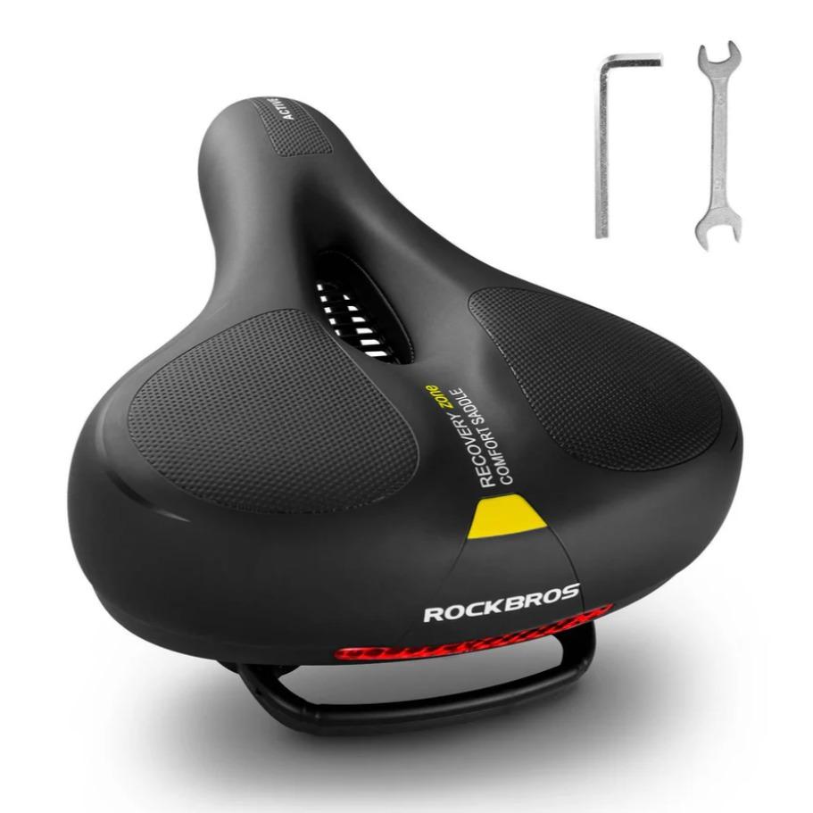 ROCKBROS sillín de espuma viscoelástica anti dolor para bicicleta, 26 x 22 cm, cuero PU impermeable y espuma viscoelástica transpirable y antideslizante, máximo confort para MTB, bicicleta de carretera y e‑bike, diseño reflectante