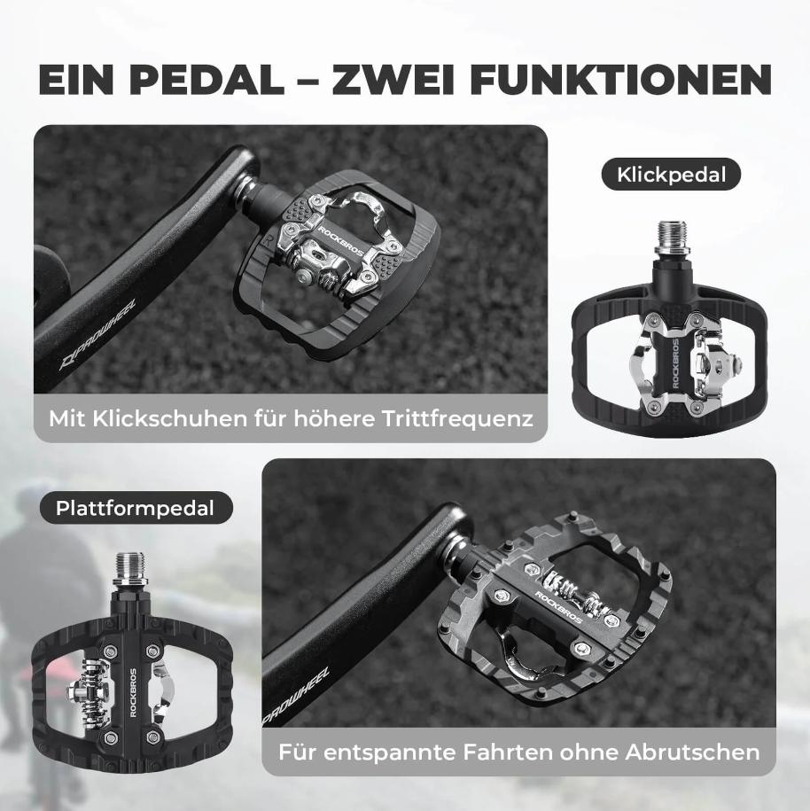RockBros Pedal de Bicicleta de Montaña SPD Clipless Pedal y Pedal Plano 2 en 1 Incluye Tacos 9/16" con Plataforma Ancha y Pins Antideslizantes para Máxima Seguridad y Comodidad