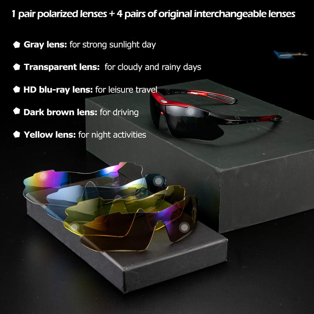 Gafas de ciclismo ROCKBROS polarizadas con 5 lentes intercambiables para mujer y hombre, gafas deportivas para bicicleta, aptas para deportes al aire libre como ciclismo, correr y pesca; gafas de ciclismo estilo ciervo