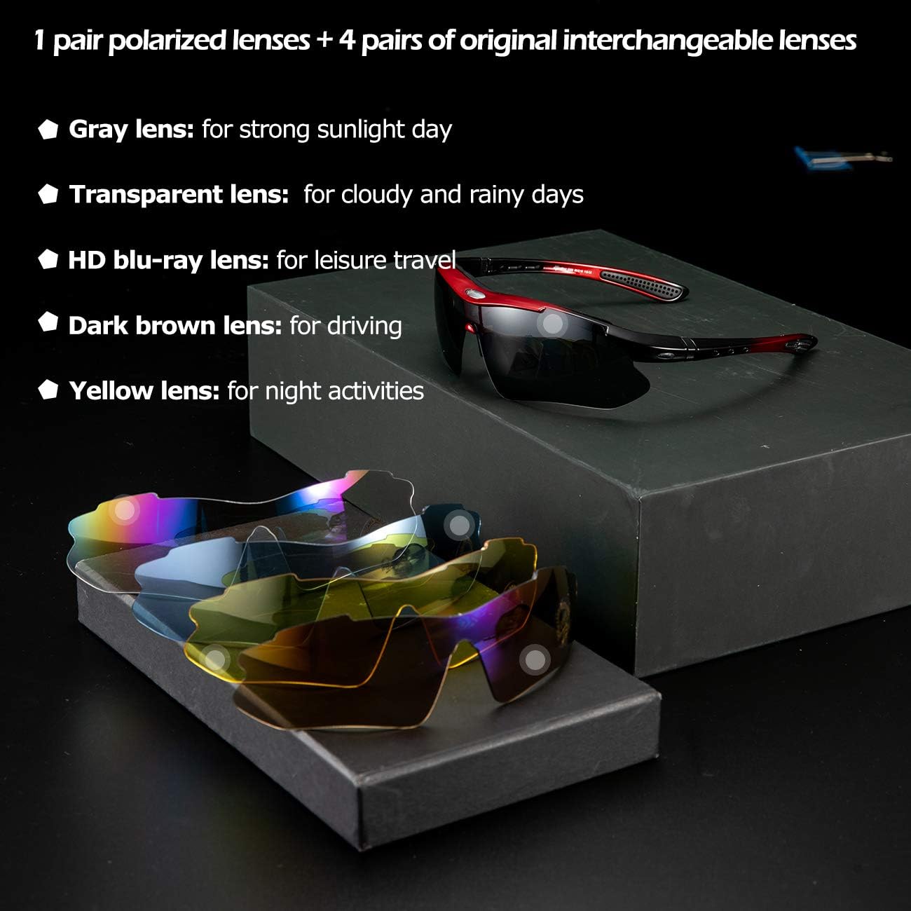 Gafas de ciclismo ROCKBROS polarizadas con 5 lentes intercambiables para mujer y hombre, gafas deportivas para bicicleta, aptas para deportes al aire libre como ciclismo, correr y pesca; gafas de ciclismo estilo ciervo