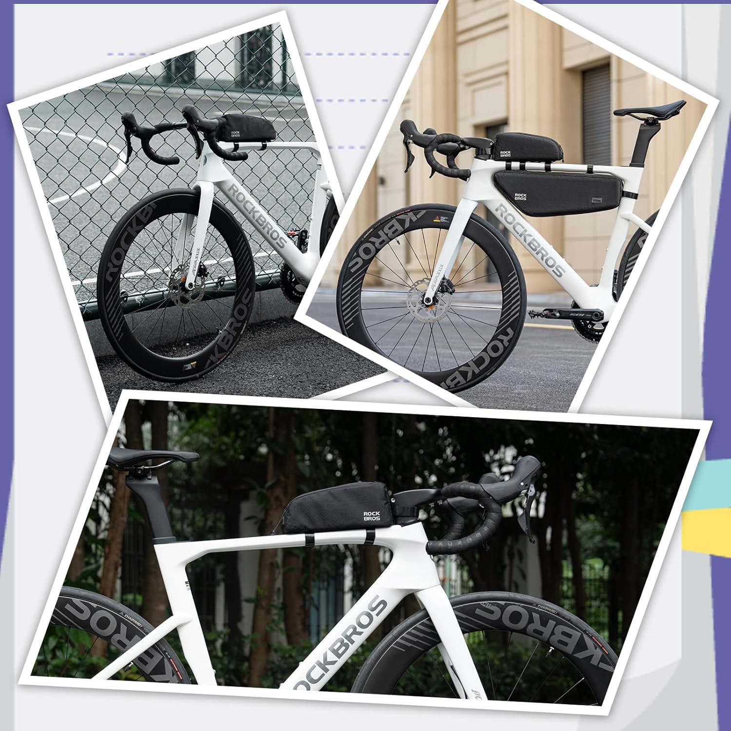 ROCKBROS Bolsa de Bicicleta para Marco Impermeable 0.9L Negro Resistente de Nylon con Rayas de Alta Reflexión para MTB y Uso Diario