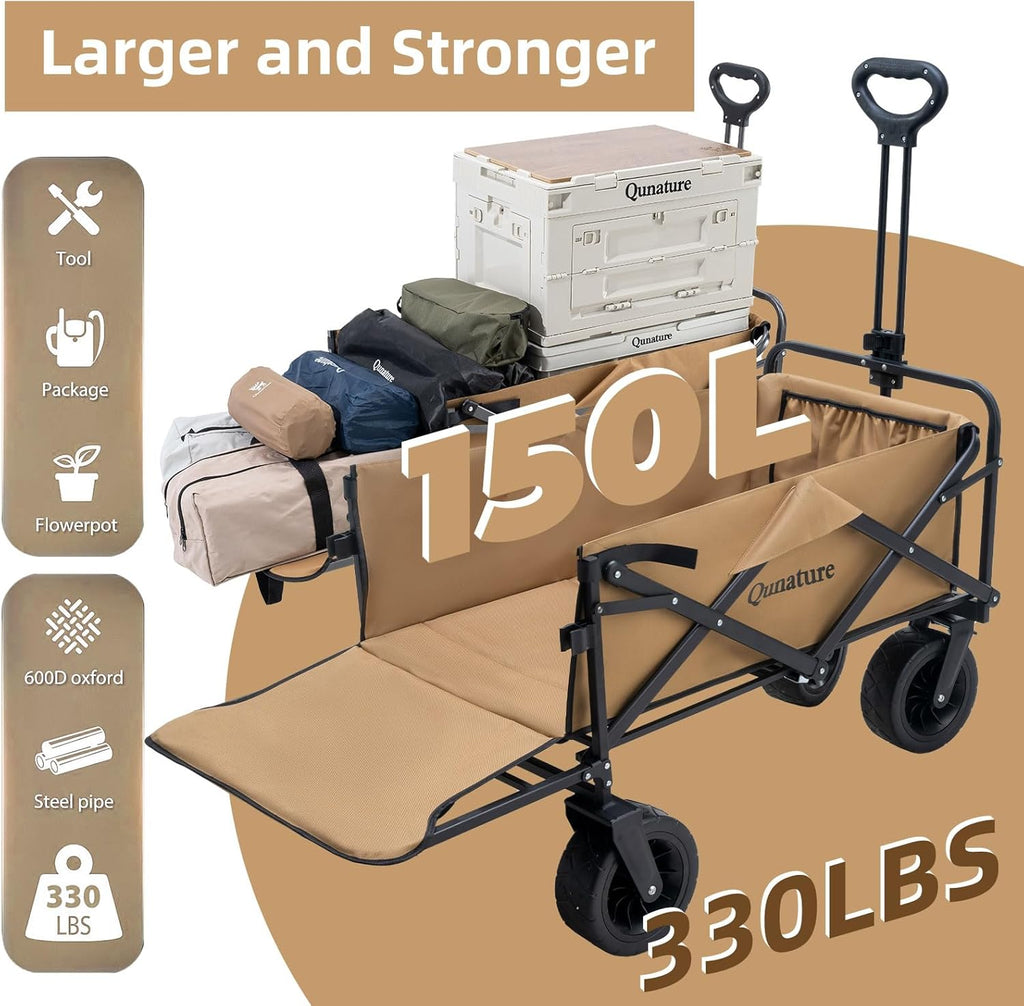 ROCKBROS Qunature carro plegable con capacidad de carga de 150 kg, capacidad de 150 L, carro de compras multiusos resistente para playa, compras, picnic, negro/marrón