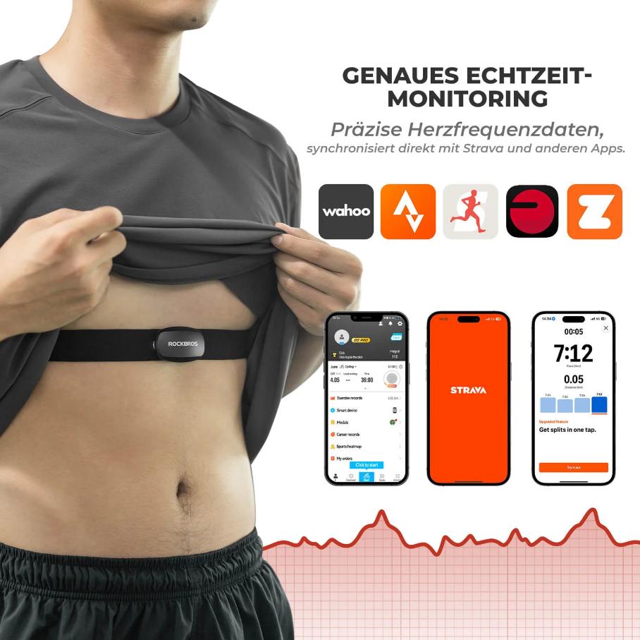 ROCKBROS IP67 monitor de frecuencia cardíaca con correa torácica impermeable, Bluetooth/Ant+, para deporte & natación, monitorización en tiempo real precisa, ultraligero 13 g