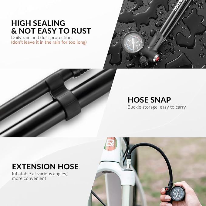 ROCKBROS bomba de aire para horquilla, ruedas y amortiguador, bomba de aire de alta presión de 300 PSI con manómetro, bomba de amortiguador compatible con válvulas Schrader y Presta para bicicletas de montaña y de carretera