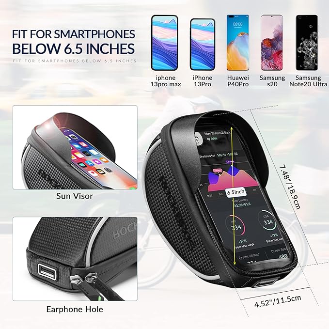ROCKBROS bolsa de manillar para bicicleta, impermeable, soporte para smartphone compatible con teléfonos de hasta 6,5 inch, pantalla táctil sensible