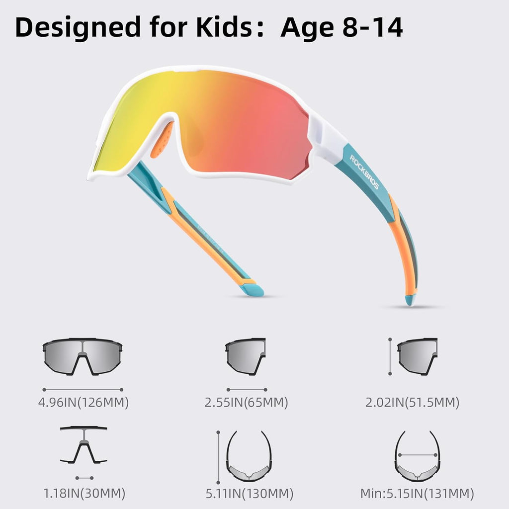 ROCKBROS Gafas de ciclismo para niños Protección UV400 Gafas de sol polarizadas Hechas de material TR90 para una visión óptima y comodidad de uso Visión sin deslumbramiento Diseño ligero y portátil Adecuado para ciclismo y varias actividades al aire libre