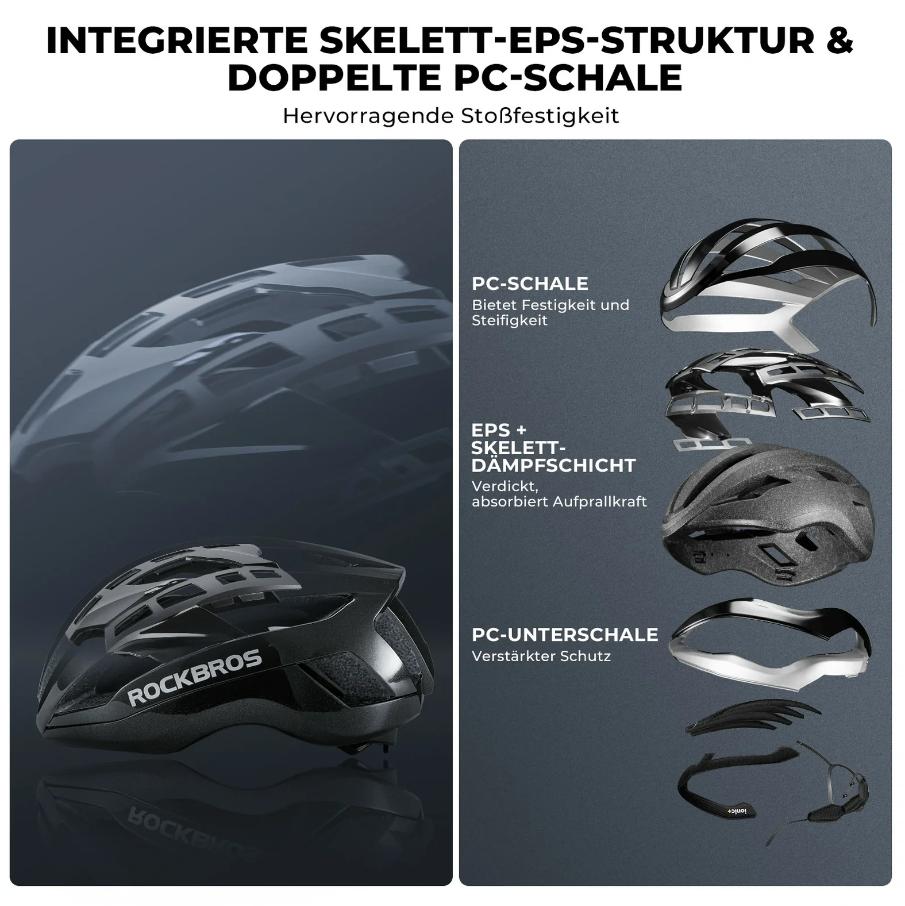 ROCKBROS Casco de bicicleta ligero certificado CE LK-79 con marco interior reforzado, carcasa exterior de policarbonato (PC), espuma EPS, sistema de ventilación y cierre magnético rápido, peso de 284 g