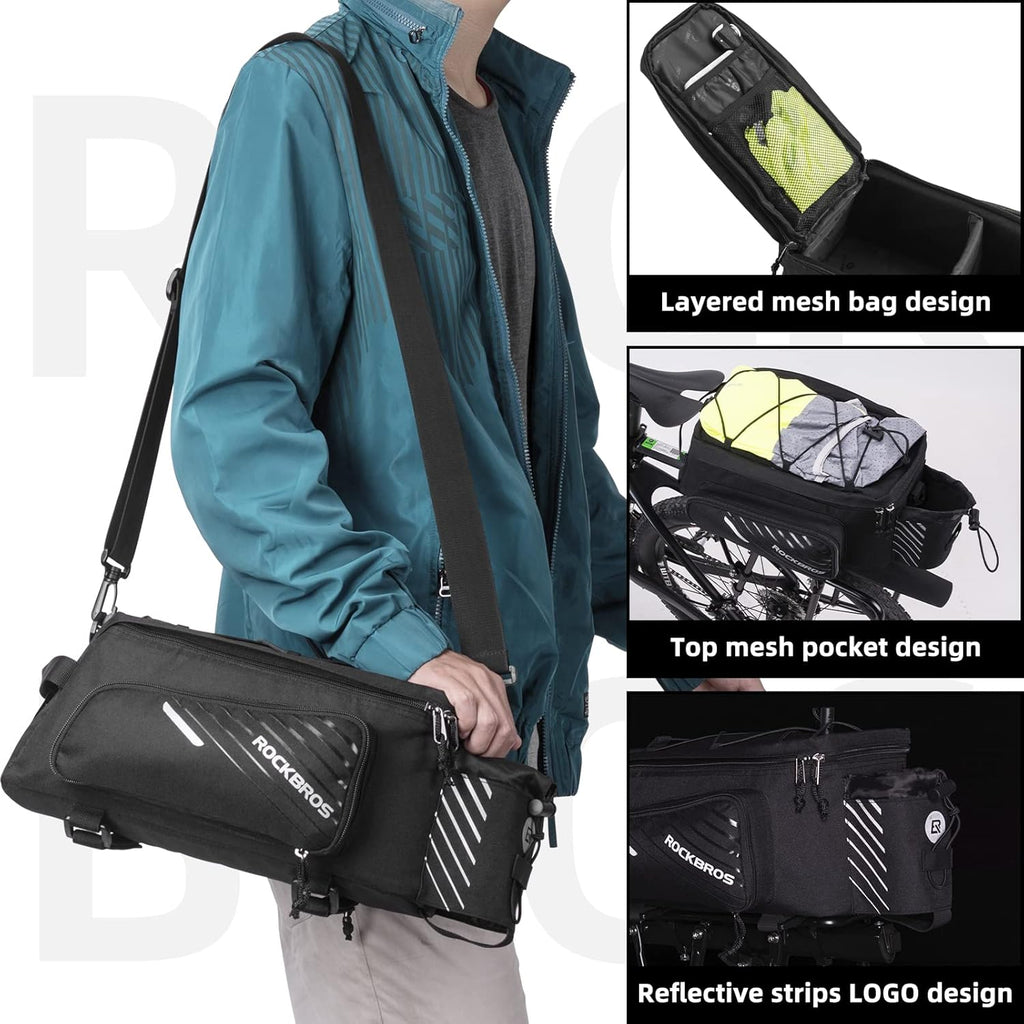 ROCKBROS Bolsa de carga para bicicleta 9-12L - Resistente al agua y expandible, bolsa de carga para bicicleta viral, accesorios para bicicleta de los desplazados, con bolsillos laterales plegables, ideal para desplazados, bikepacking y uso diario