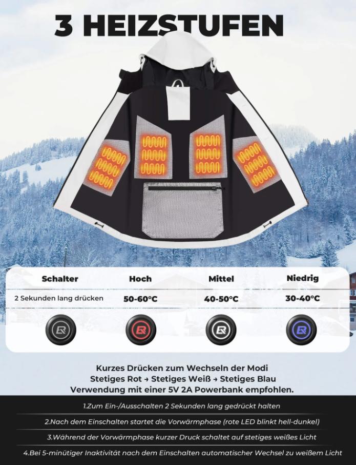 ROCKBROS Chaqueta de ciclismo con calefacción, puerto Tipo-C, sistema de calefacción integrado, puños a prueba de viento, bolsillos prácticos, apta para lavadora, para invierno y bicicleta eléctrica