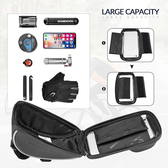 ROCKBROS bolsa de manillar para bicicleta, impermeable, soporte para smartphone compatible con teléfonos de hasta 6,5 inch, pantalla táctil sensible