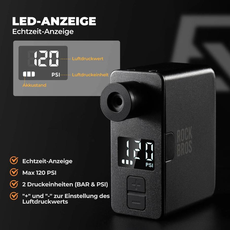 ROCKBROS AS1 Pro mini bomba para bicicleta eléctrica 120 PSI batería de 450 mAh pantalla LED USB-C carga rápida ultracompacta ligera autostop ideal para bicicleta de carretera MTB & desplazamientos BikePump CyclingEssentials