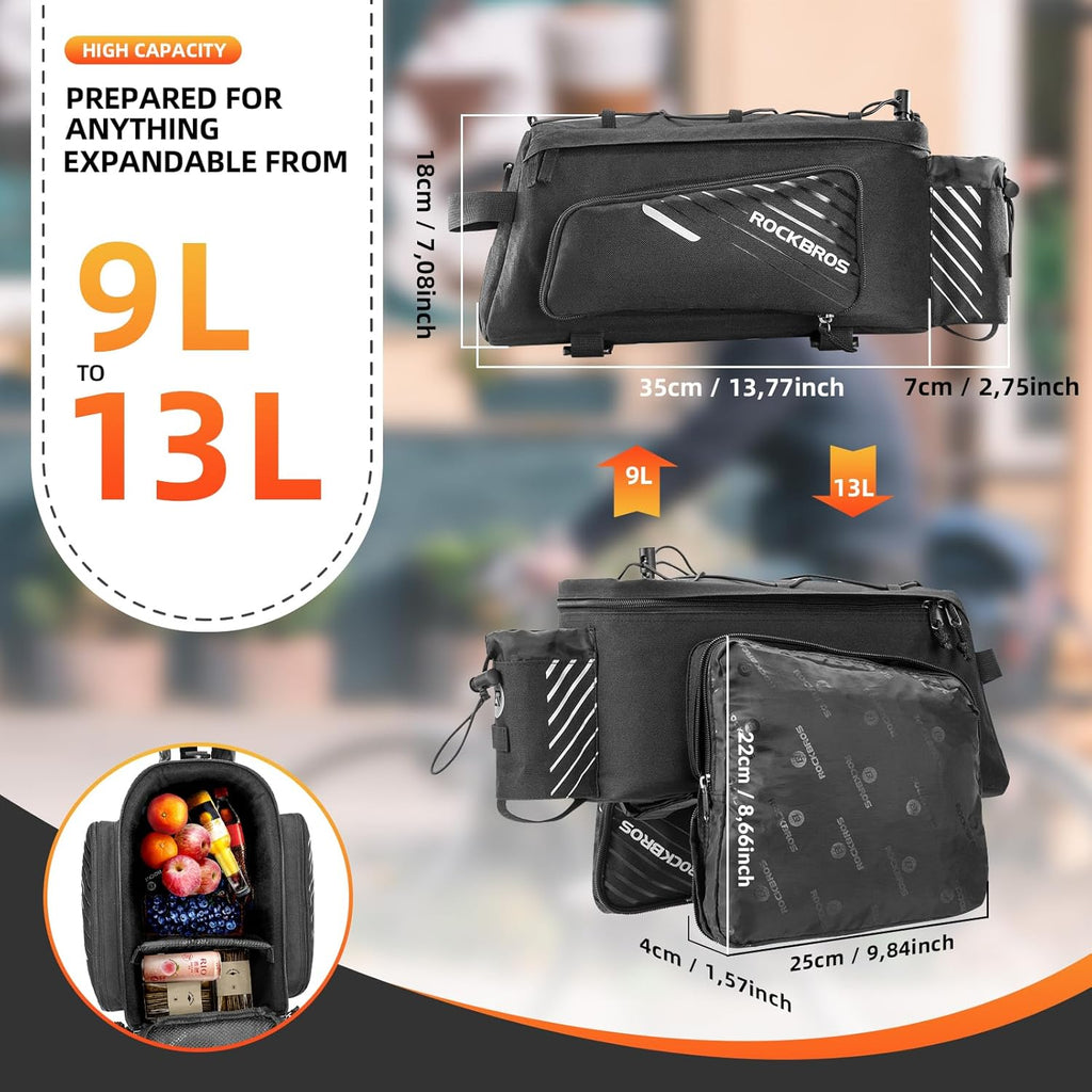 ROCKBROS Bolsa de carga para bicicleta 9-12L - Resistente al agua y expandible, bolsa de carga para bicicleta viral, accesorios para bicicleta de los desplazados, con bolsillos laterales plegables, ideal para desplazados, bikepacking y uso diario