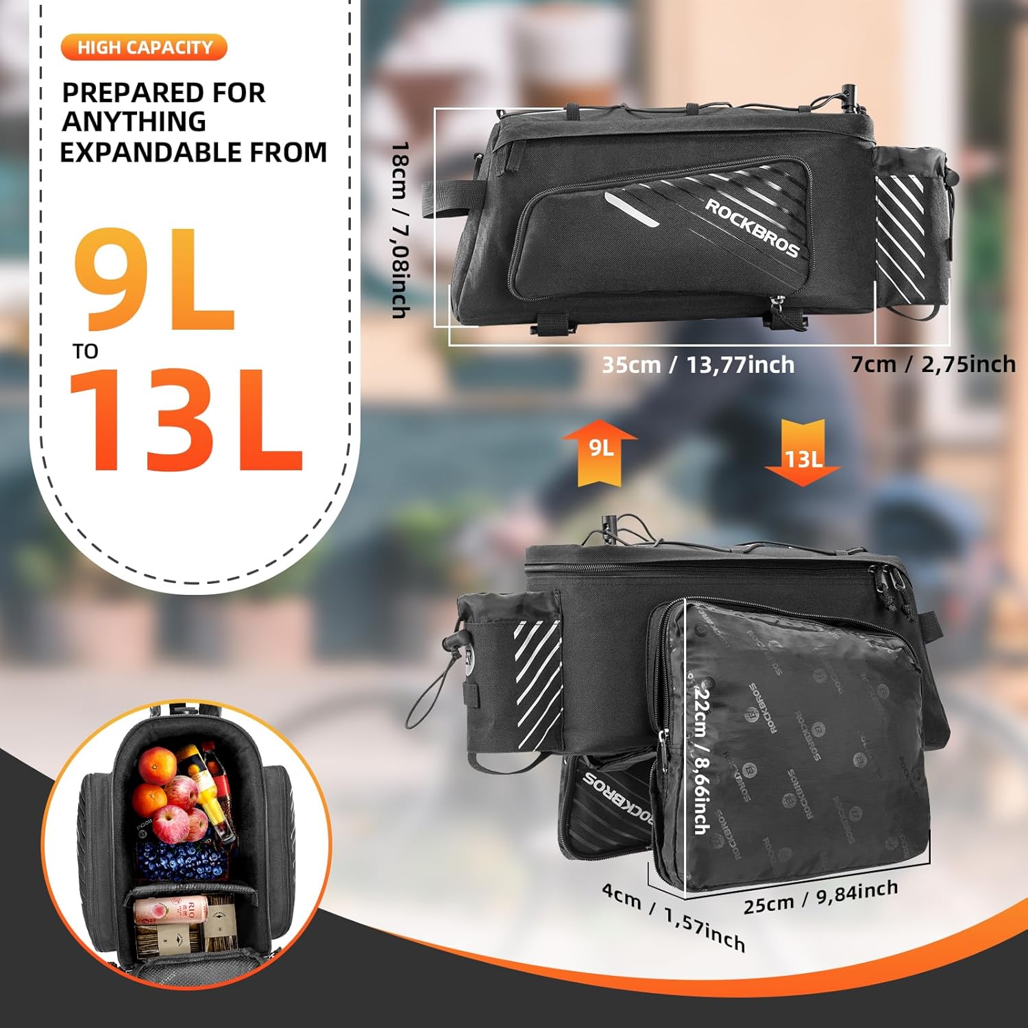 ROCKBROS Bolsa de carga para bicicleta 9-12L - Resistente al agua y expandible, bolsa de carga para bicicleta viral, accesorios para bicicleta de los desplazados, con bolsillos laterales plegables, ideal para desplazados, bikepacking y uso diario