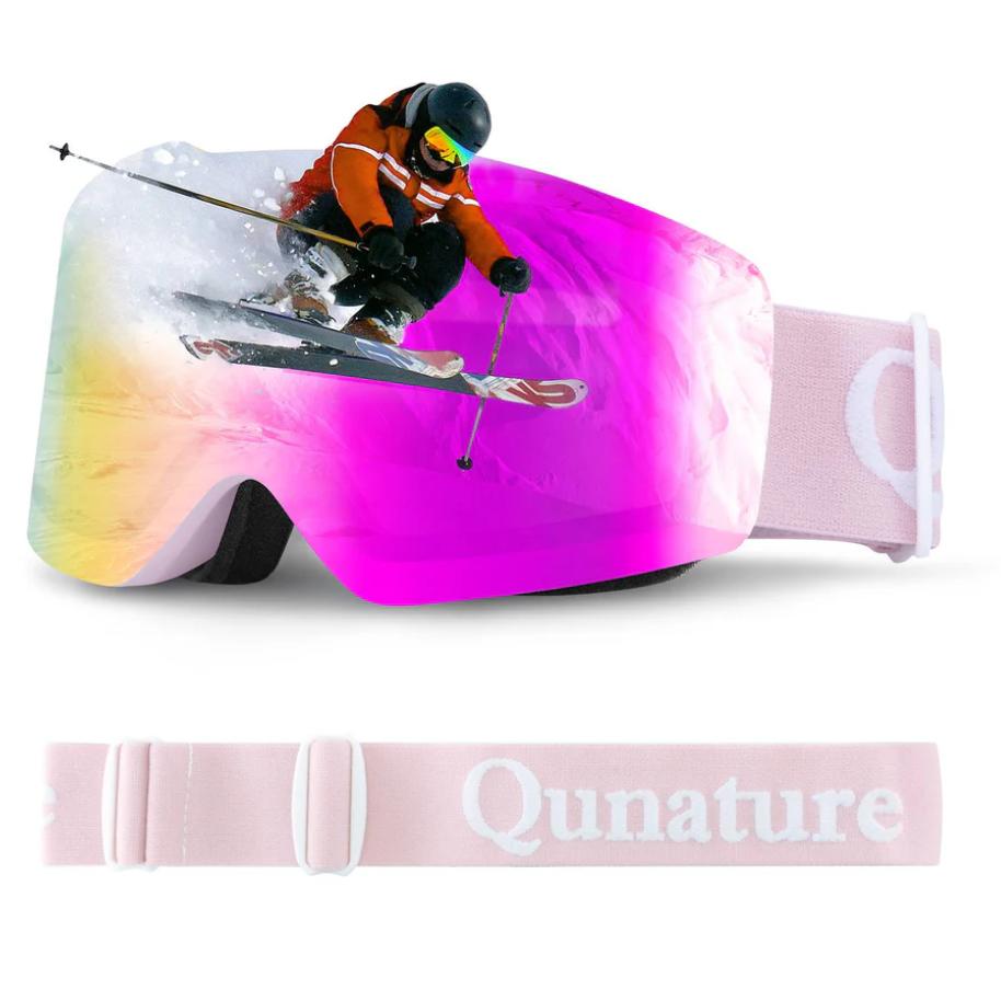 ROCKBROS Qunature UV400 gafas de esquí antivaho sin montura con visión panorámica, recubrimiento HD antirreflejos, acolchado de espuma cómodo, correa ajustable, negro, rosa-verde, rosa pasa montañas