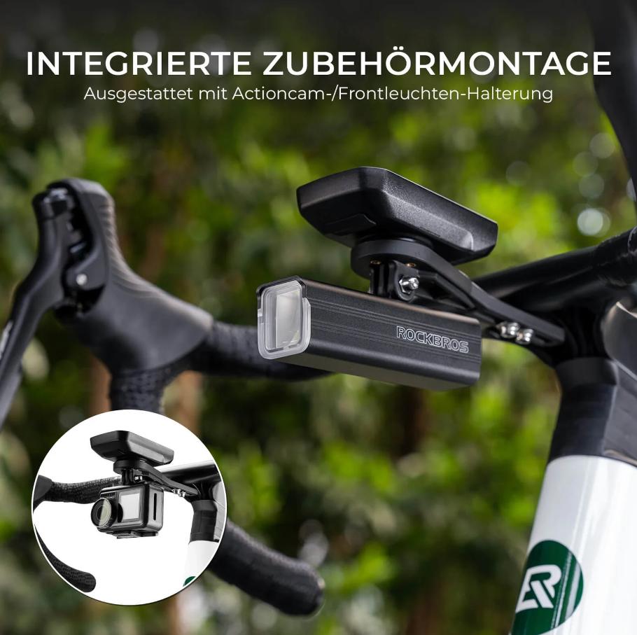 ROCKBROS soporte universal aerodinámico para ordenador de bicicleta – soporte GPS robusto compatible con Garmin, Wahoo & Bryton, fijación estable en el manillar incl.Adaptador para cámara de acción, giratorio, fácil de montar, ideal para ciudad & MTB
