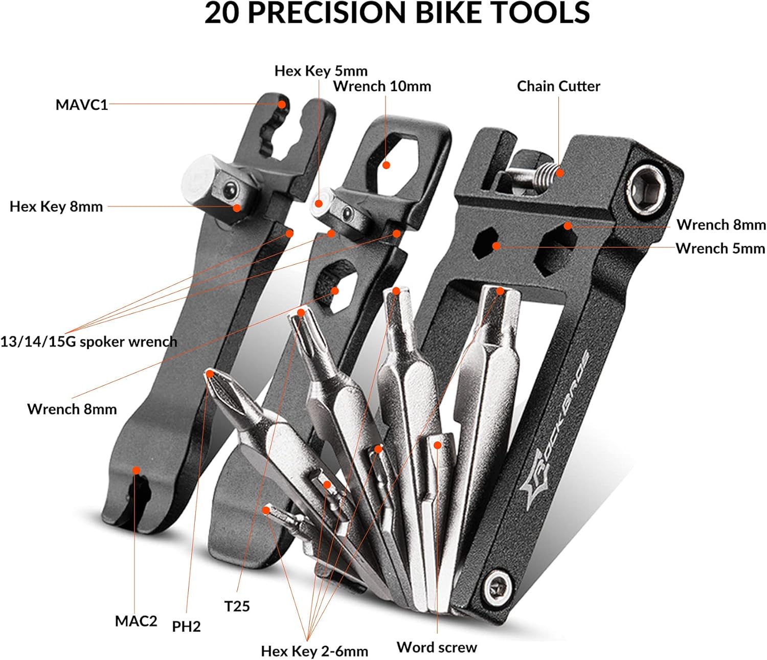 ROCKBROS Jogo de herramientas multifunción para bicicleta 20 en 1, set de reparación plegable de acero inoxidable