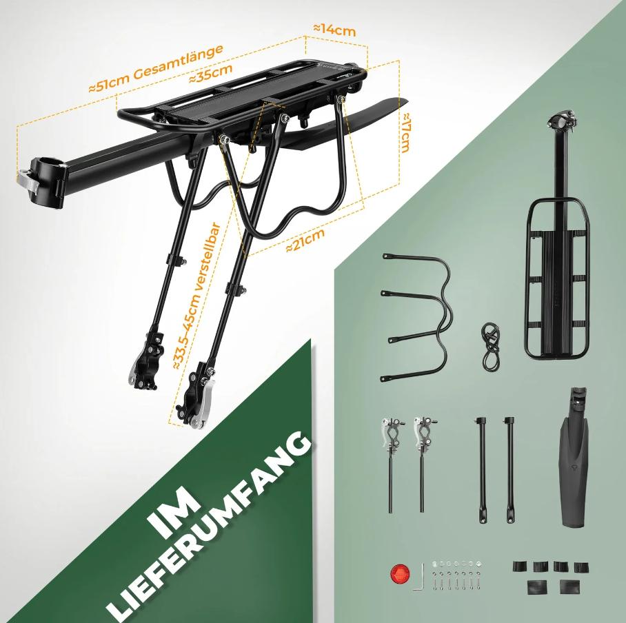 ROCKBROS portapaciente de bicicleta de aluminio robusto y ligero para MTB/trekking de 24–29 inch con guardabarros y reflector, ideal para ir al trabajo y bikepacking