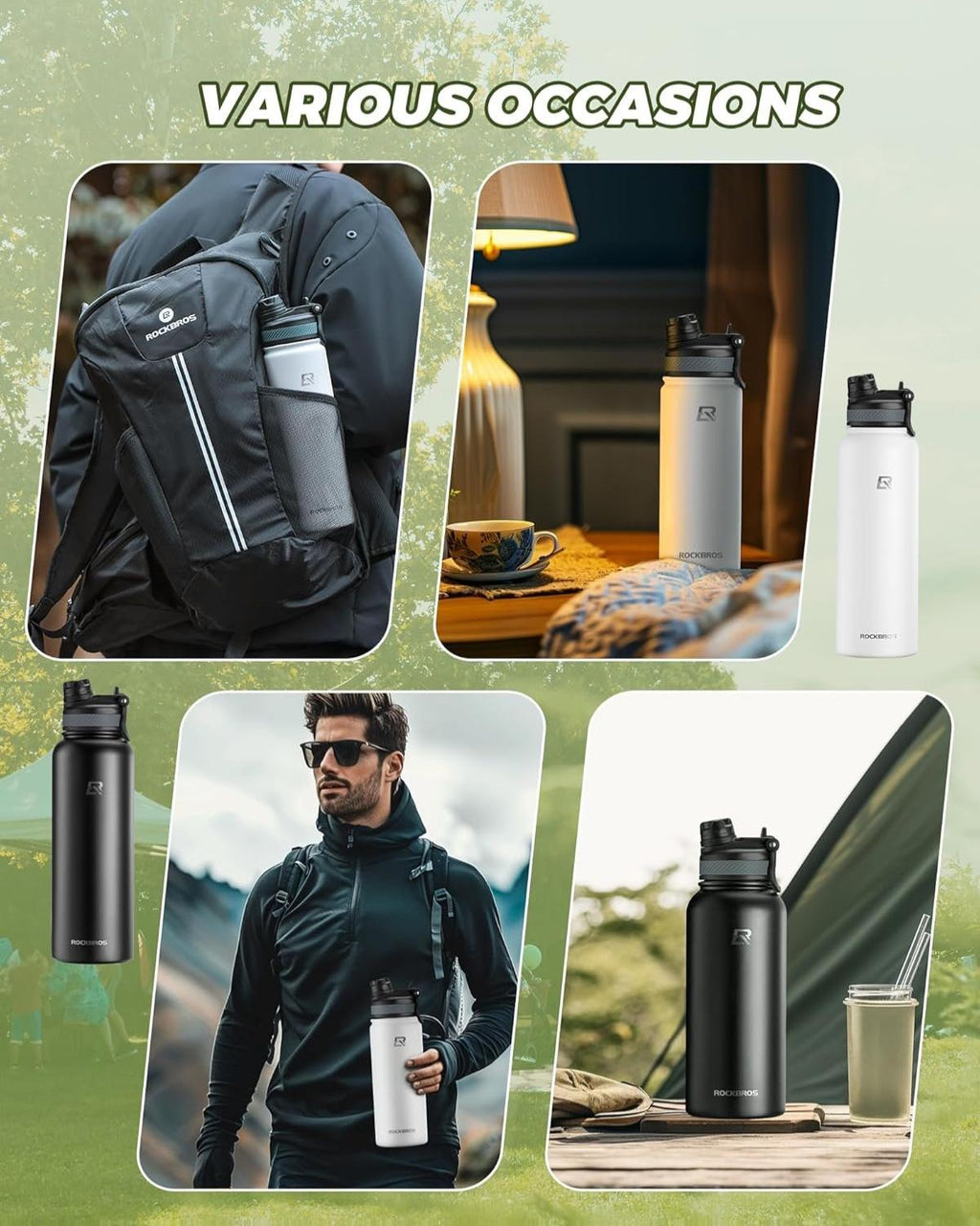 ROCKBROS botella de agua de acero inoxidable 550ml/650ml/1000ml/1200ml, termo, sin BPA, botella de agua de gran capacidad, a prueba de fugas, termo para bicicleta, outdoor, senderismo, deporte
