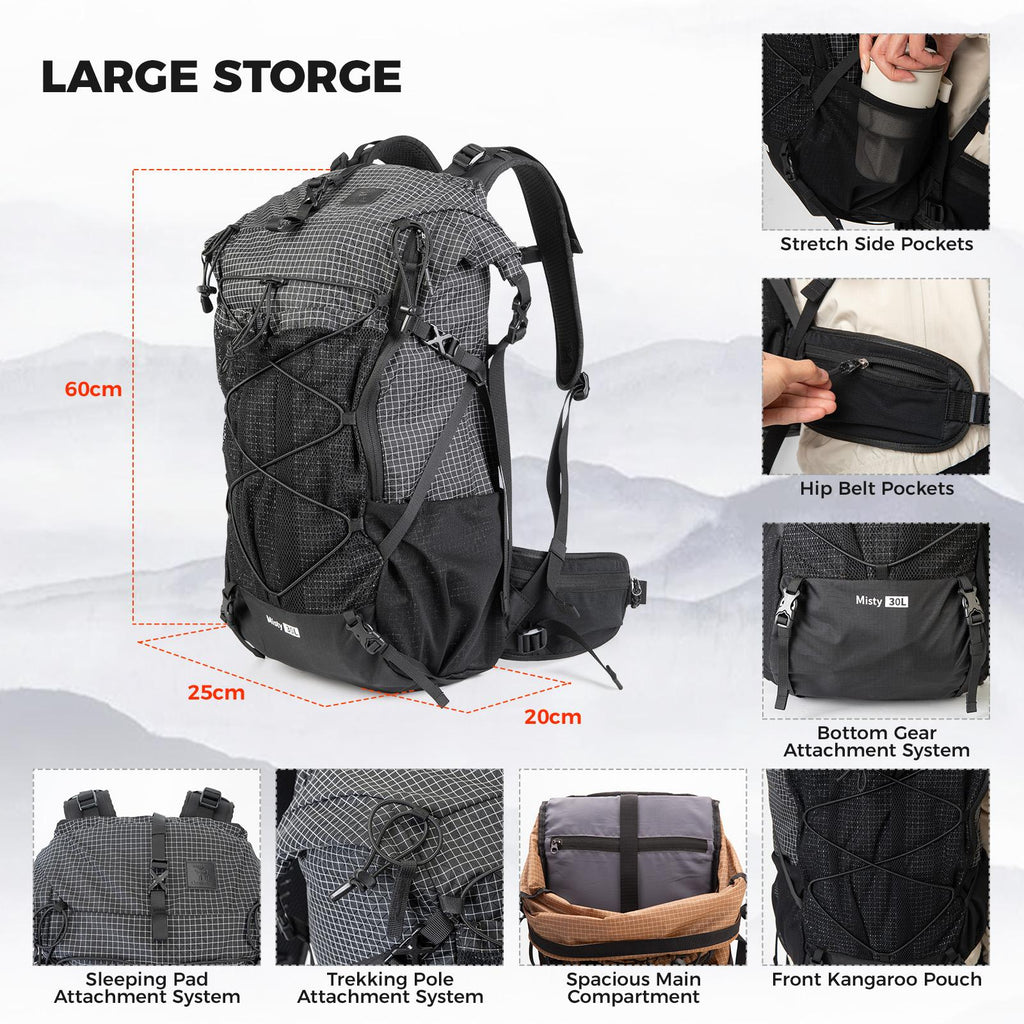 ROCKBROS mochila de trekking 35L resistente al agua, material de nylon robusto, gran capacidad, varios compartimentos, sistema de transporte cómodo, detalles de seguridad, mochila de senderismo versátil para caminatas de 1-2 días o viajes de 3 días