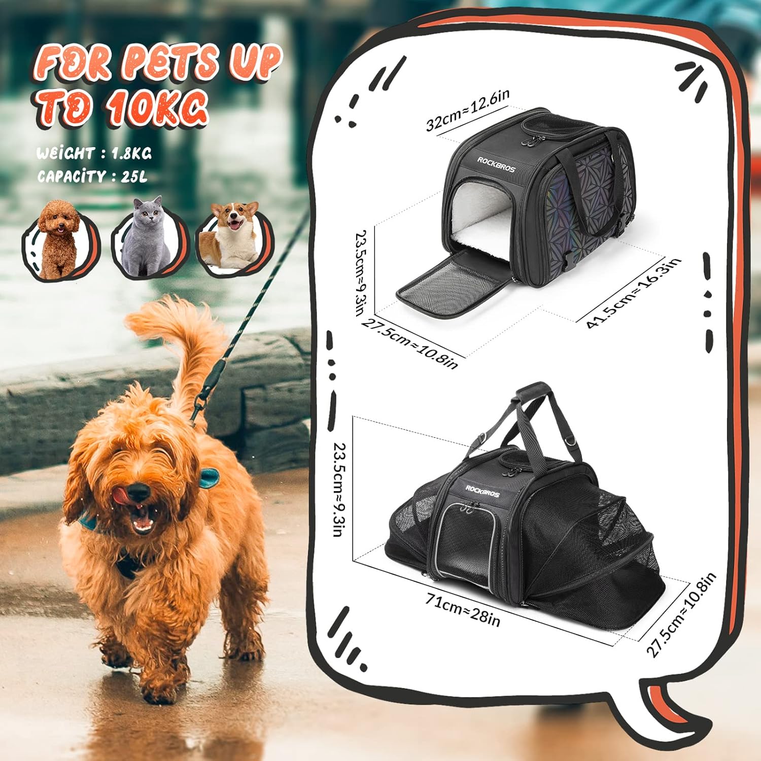 ROCKBROS bolsa de transporte para mascotas, bolso de viaje para gatos y perros 41,5x27,5x23,5 cm plegable 5 formas de llevar 25 L transportín de 900D nylon con ventanas de malla y almohadillas desmontables