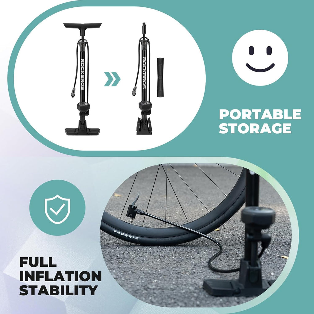 ROCKBROS Bomba de pie para bicicleta 150 PSI con manómetro, bomba de aire para bicicleta, compatible con carretera y MTB