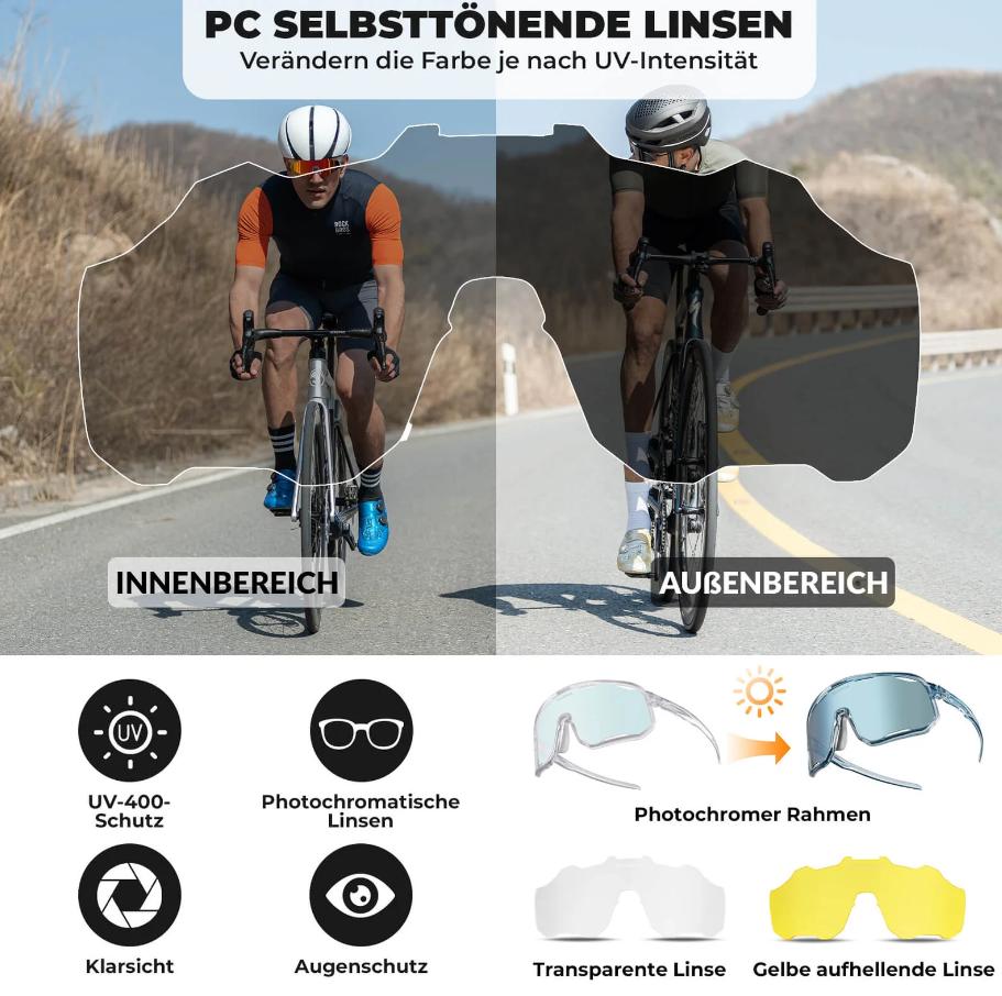 ROCKBROS Gafas de ciclismo Gafas de sol fotocromáticas Protección UV Almohadillas nasales intercambiables Mujeres/hombres