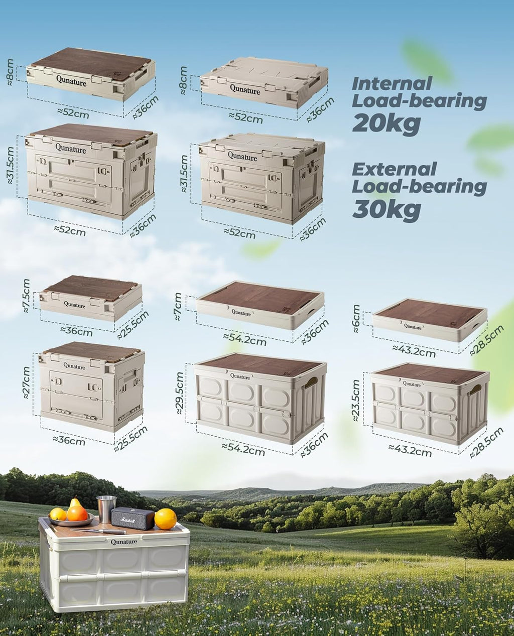 ROCKBROS Qunature caja de camping con tapa 60 L, contenedor de almacenaje plegable de PP para camping al aire libre, viajes, familia, maletero del coche, multifuncional y apilable, 2 tamaños, alta capacidad de carga, puertas cerrables, tabla de cortar ext