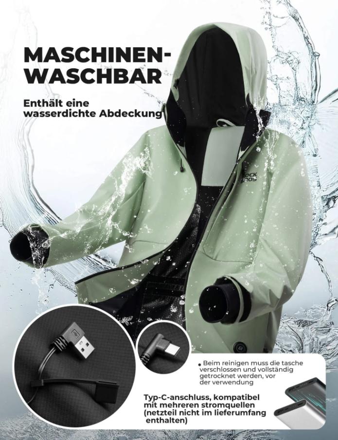 ROCKBROS Chaqueta de ciclismo con calefacción, puerto Tipo-C, sistema de calefacción integrado, puños a prueba de viento, bolsillos prácticos, apta para lavadora, para invierno y bicicleta eléctrica