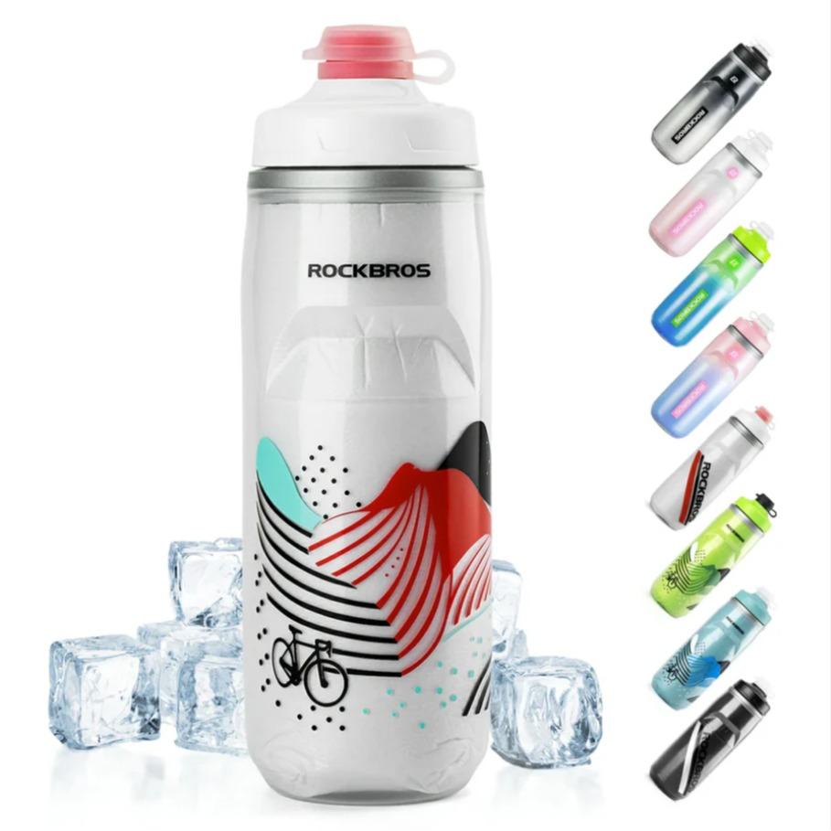 ROCKBROS botella de agua para bicicleta 620 ml, botella deportiva con función de enfriamiento durante 5 horas, sin BPA y a prueba de fugas, ideal para viajes en bicicleta y desplazamientos por negocios