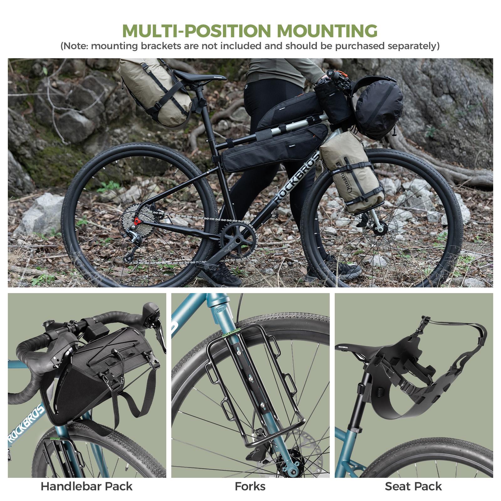 ROCKBROS bolsa de compresión impermeable muestra multiples posiciones de montaje en bicicleta