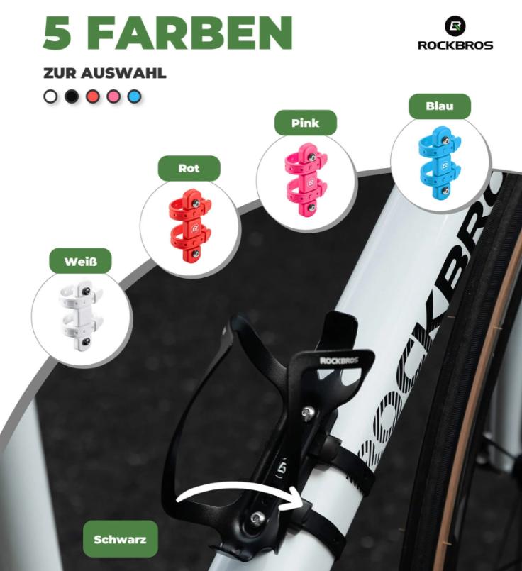 ROCKBROS adaptador para portabotellas de bicicleta muestra sus cinco colores disponibles