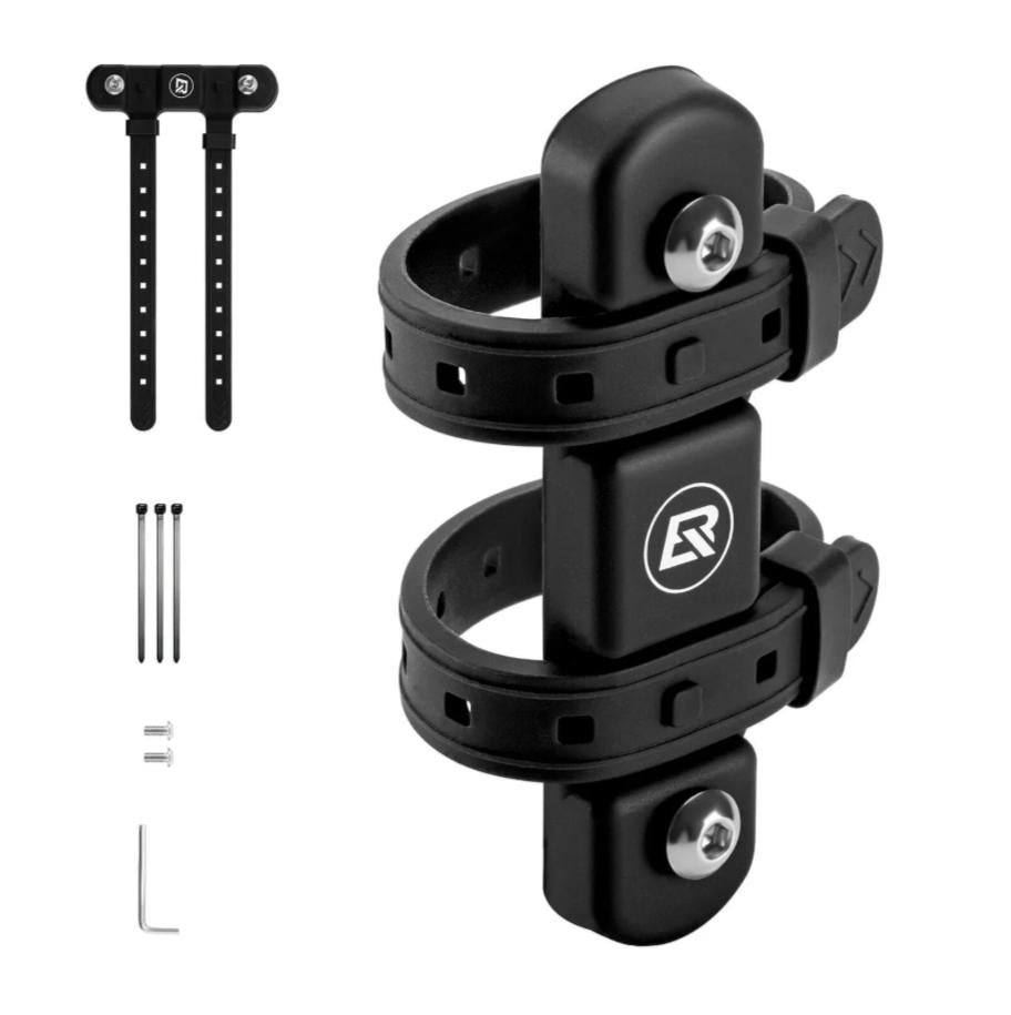 ROCKBROS adaptador negro para portabotellas de bicicleta con todos sus accesorios sobre fondo blanco