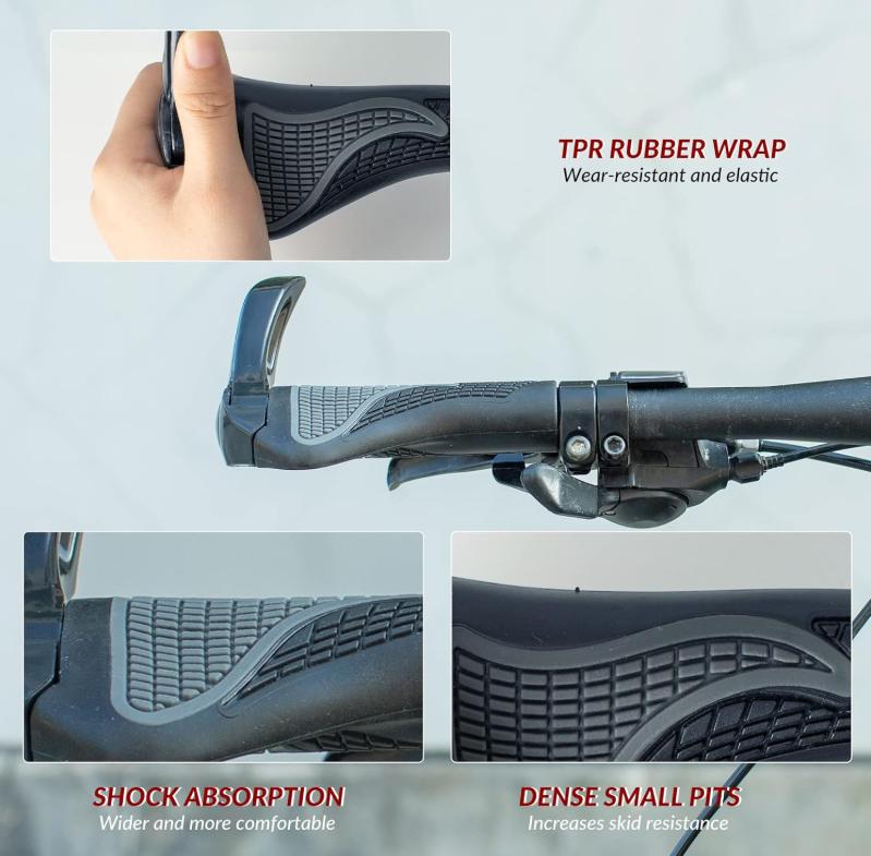 ROCKBROS agarres de manillar para bicicleta collage que muestra material tpr amortiguacion y superficie antideslizante