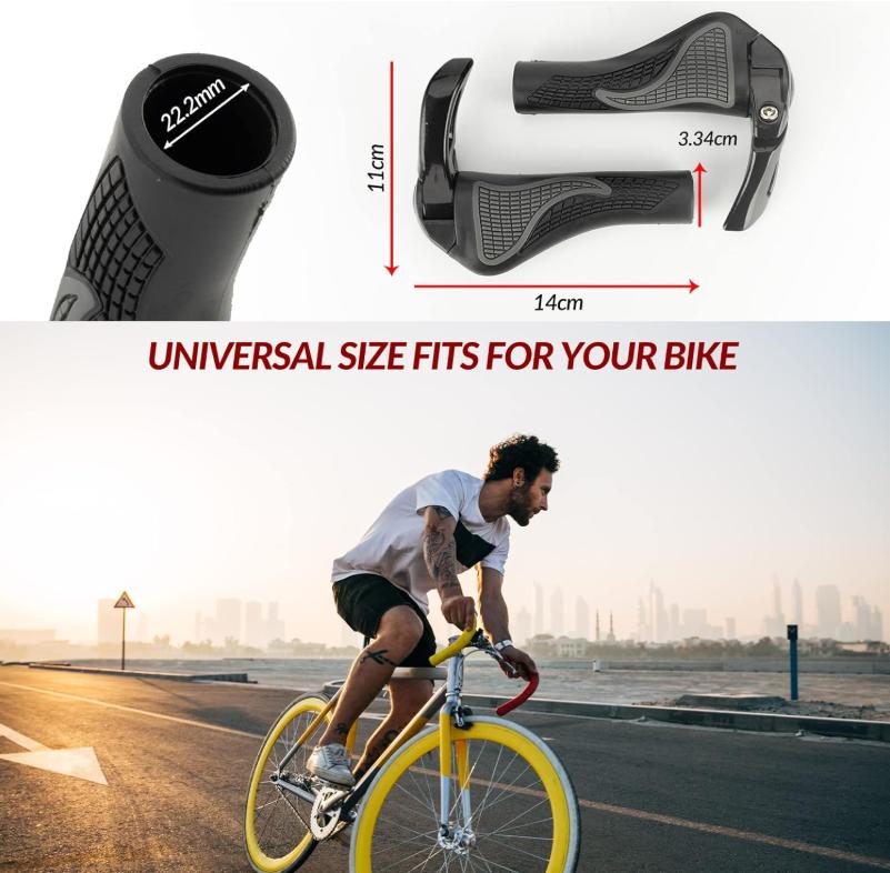 ROCKBROS agarres de manillar para bicicleta collage con dimensiones y uso práctico por un hombre en carretera