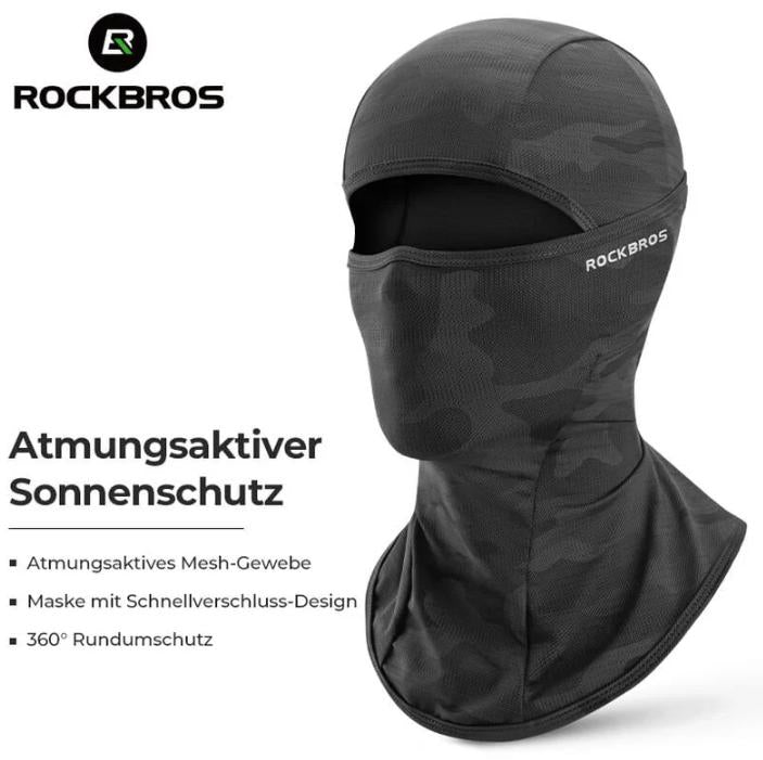 ROCKBROS balaclava de verano camuflada mostrando sus características de protección solar transpirable