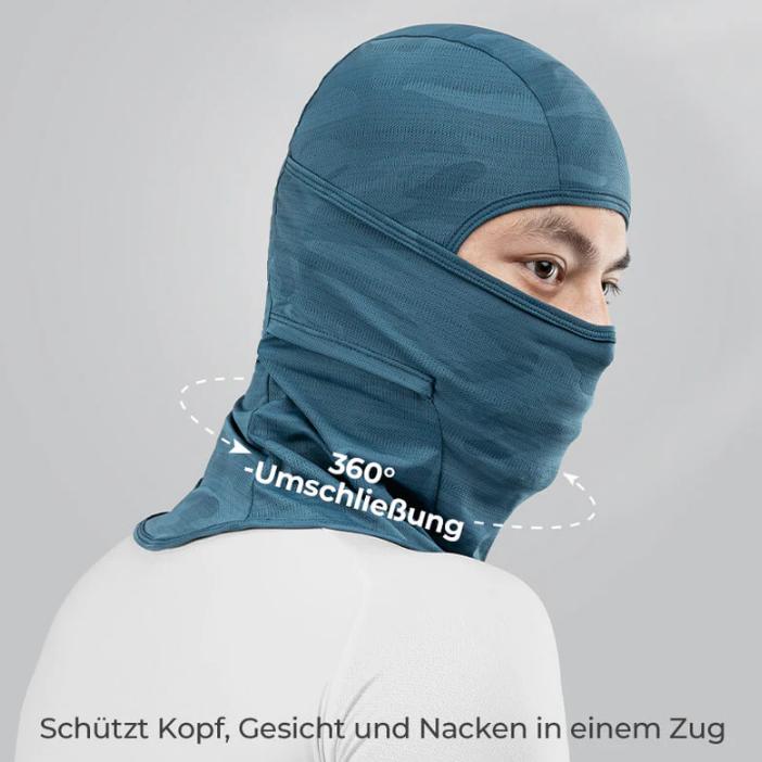 ROCKBROS balaclava de verano puesta en modelo demostrando su cobertura de protección 360 grados