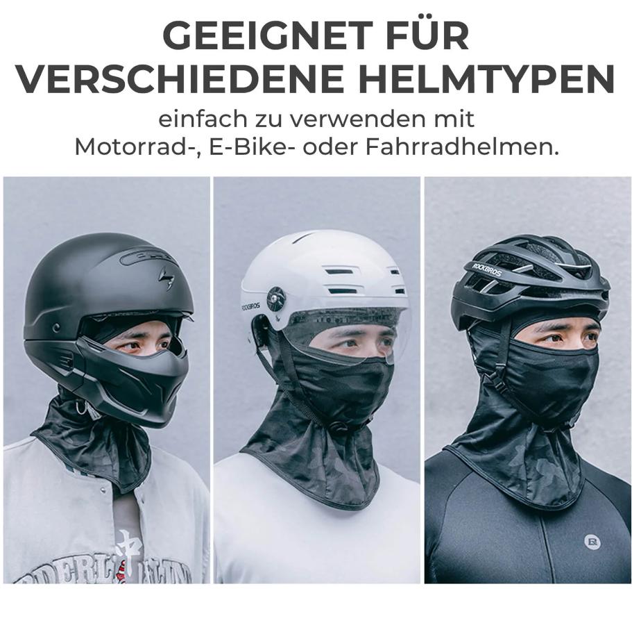 ROCKBROS balaclava de verano mostrando compatibilidad con distintos tipos de cascos para bicicleta y moto