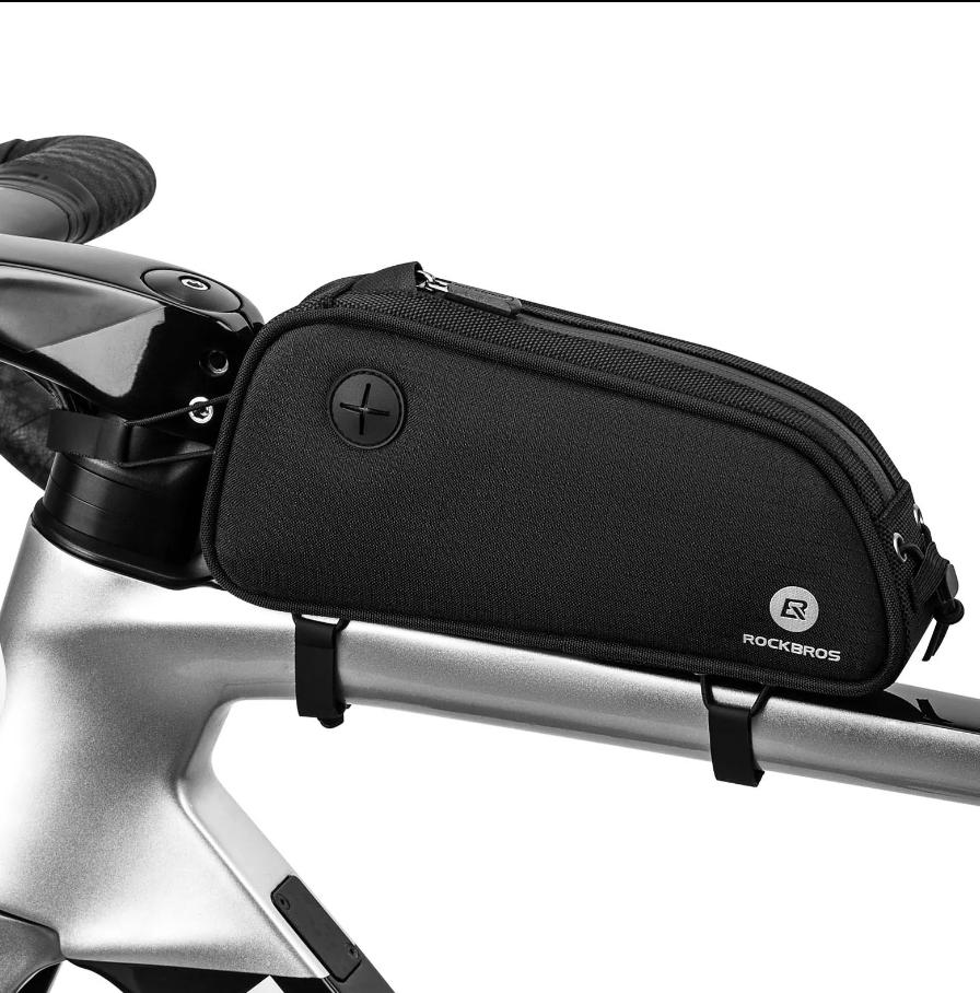 ROCKBROS bolsa superior de marco de bicicleta negra instalada en cuadro sobre fondo blanco