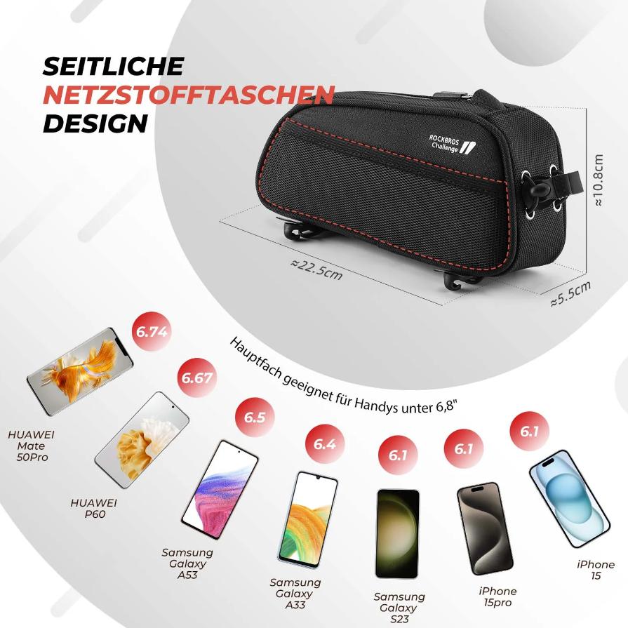ROCKBROS bolsa de marco de bicicleta muestra dimensiones y compatibilidad con distintos telefonos moviles