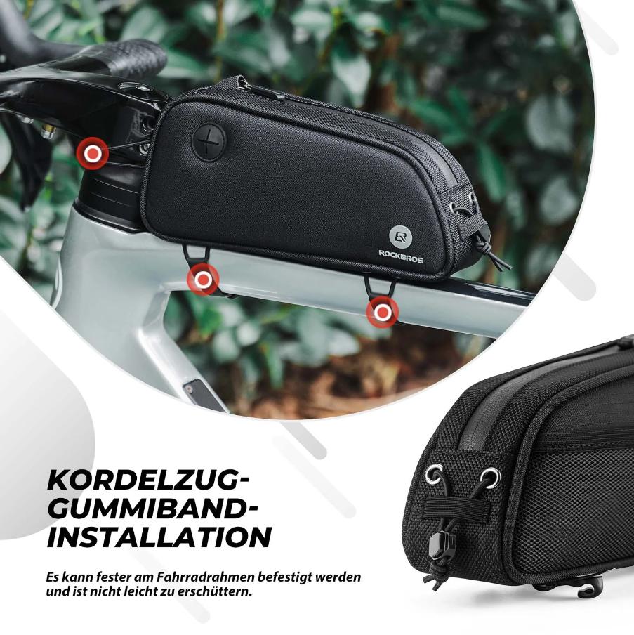 ROCKBROS bolsa de marco de bicicleta muestra su sistema de fijacion con cuerda y banda elastica