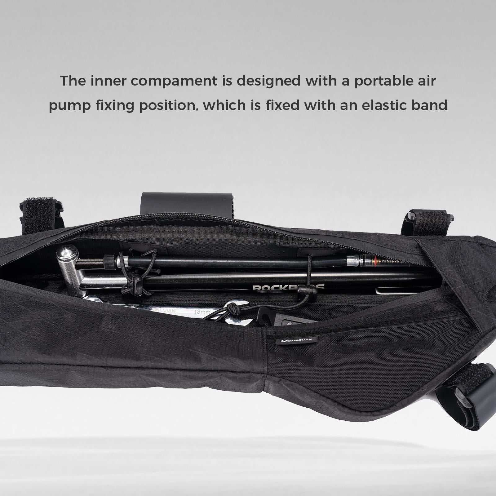 ROCKBROS bolsa de marco de bicicleta muestra el interior con soporte para bomba de aire portátil