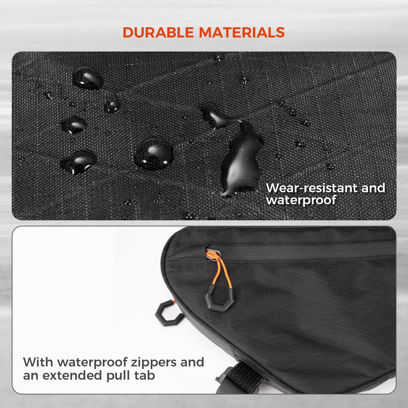ROCKBROS bolsa de marco de bicicleta muestra su tejido resistente al desgaste y cremalleras impermeables
