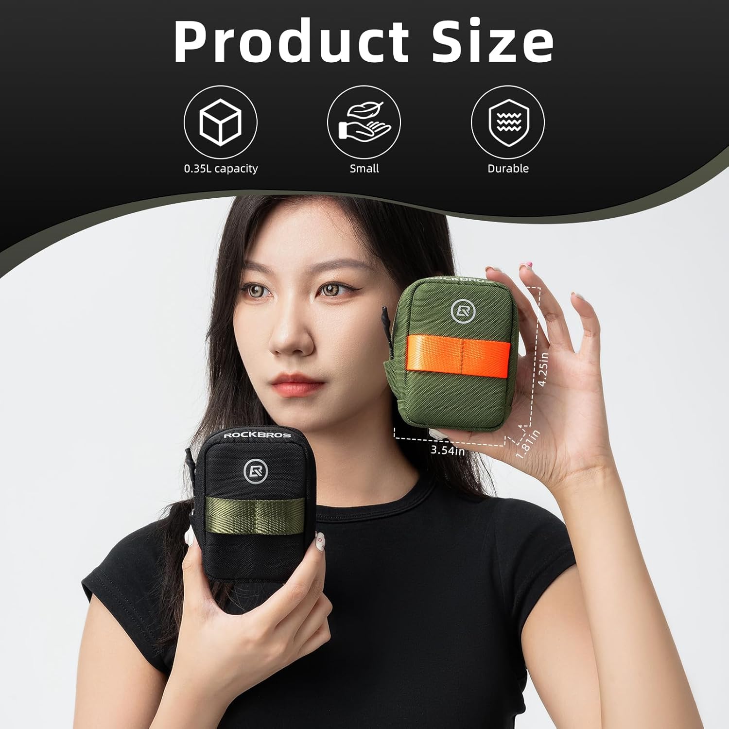 ROCKBROS bolsa de sillín de bicicleta mostrada en manos de mujer con datos de dimensiones y capacidad