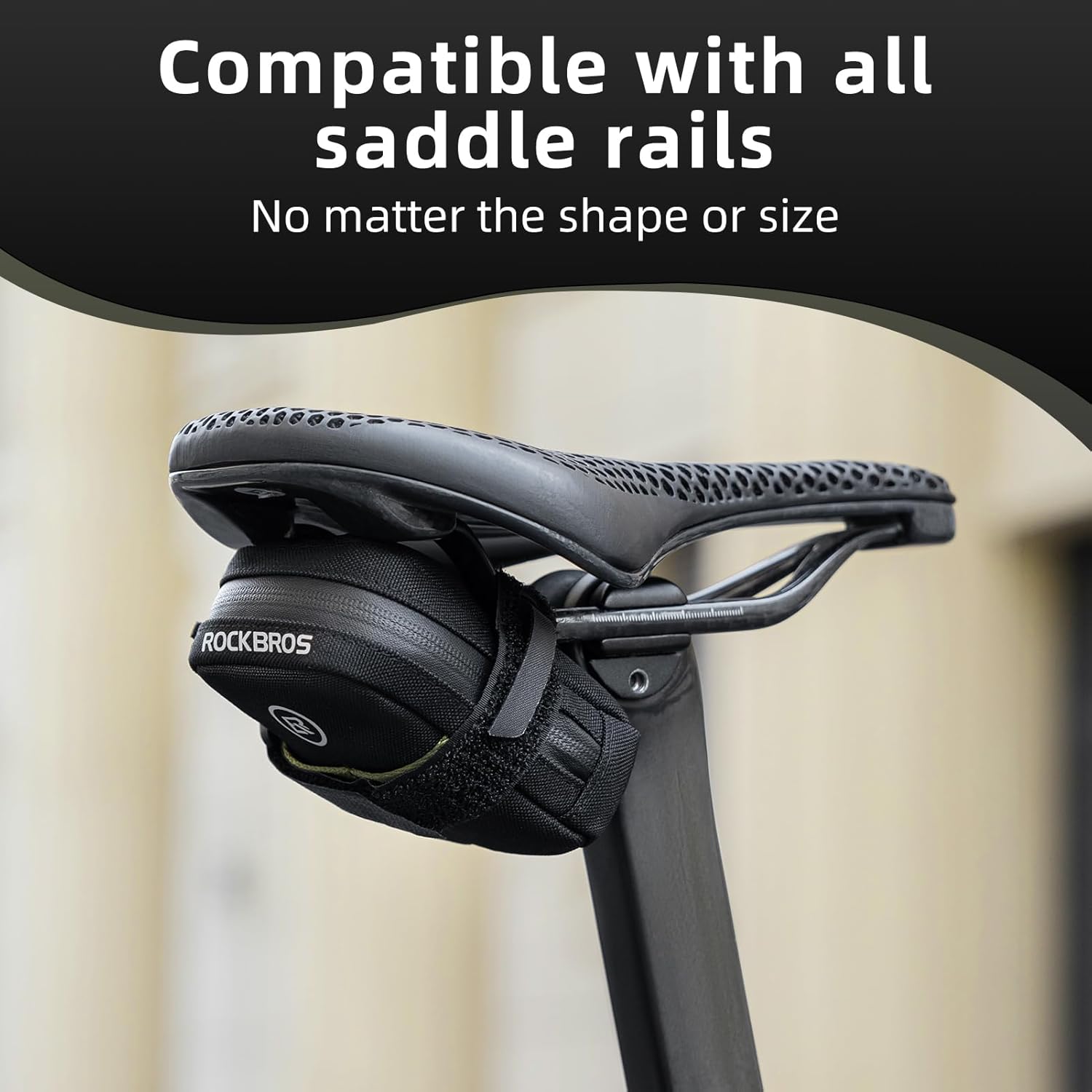 ROCKBROS bolsa de sillín de bicicleta negra instalada compatible con todo tipo de rieles de sillín