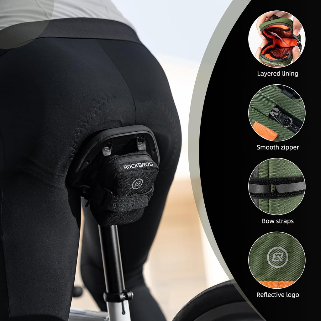 ROCKBROS bolsa de sillín de bicicleta montada en bicicleta muestra sus detalles y funciones principales