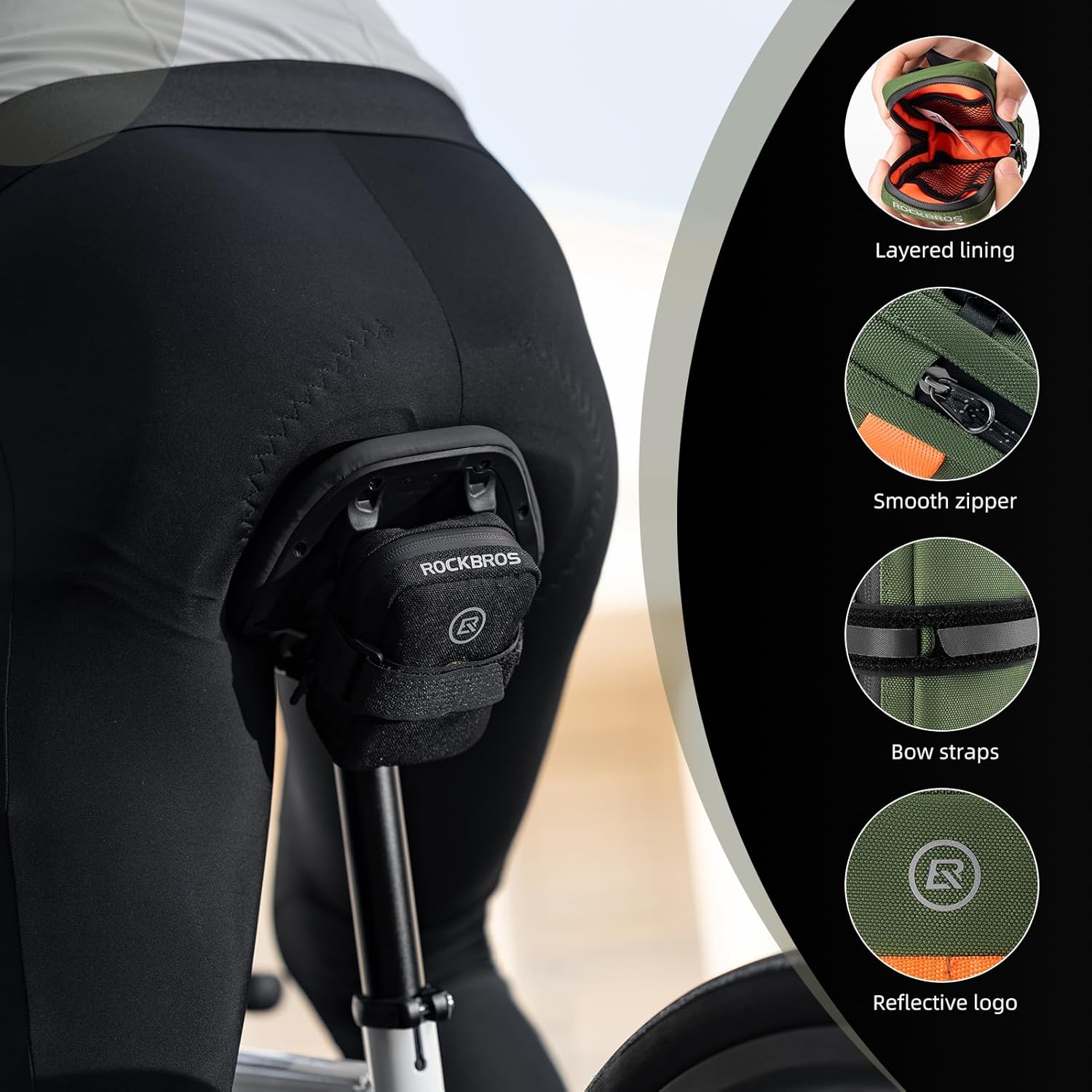 ROCKBROS bolsa de sillín de bicicleta montada en bicicleta muestra sus detalles y funciones principales