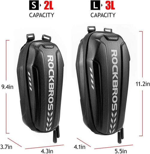 ROCKBROS bolsa para scooter en dos tamaños s de 2l y l de 3l con dimensiones marcadas