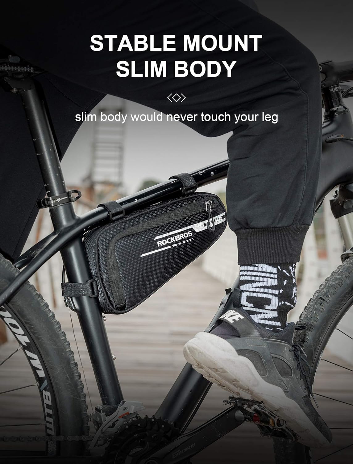 ROCKBROS bolsa triangular para bicicleta con cuerpo delgado y montaje estable sin rozar la pierna